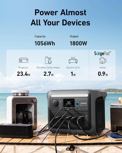 SOLIX C1000 Portable Power Station with 200W Solar Panel, 1800W Solar Generator, 1056wh LFP (LiFePO4) Battery, 6 AC Outlets, Up to 2400W for Home, Power Outages, and Outdoor Camping