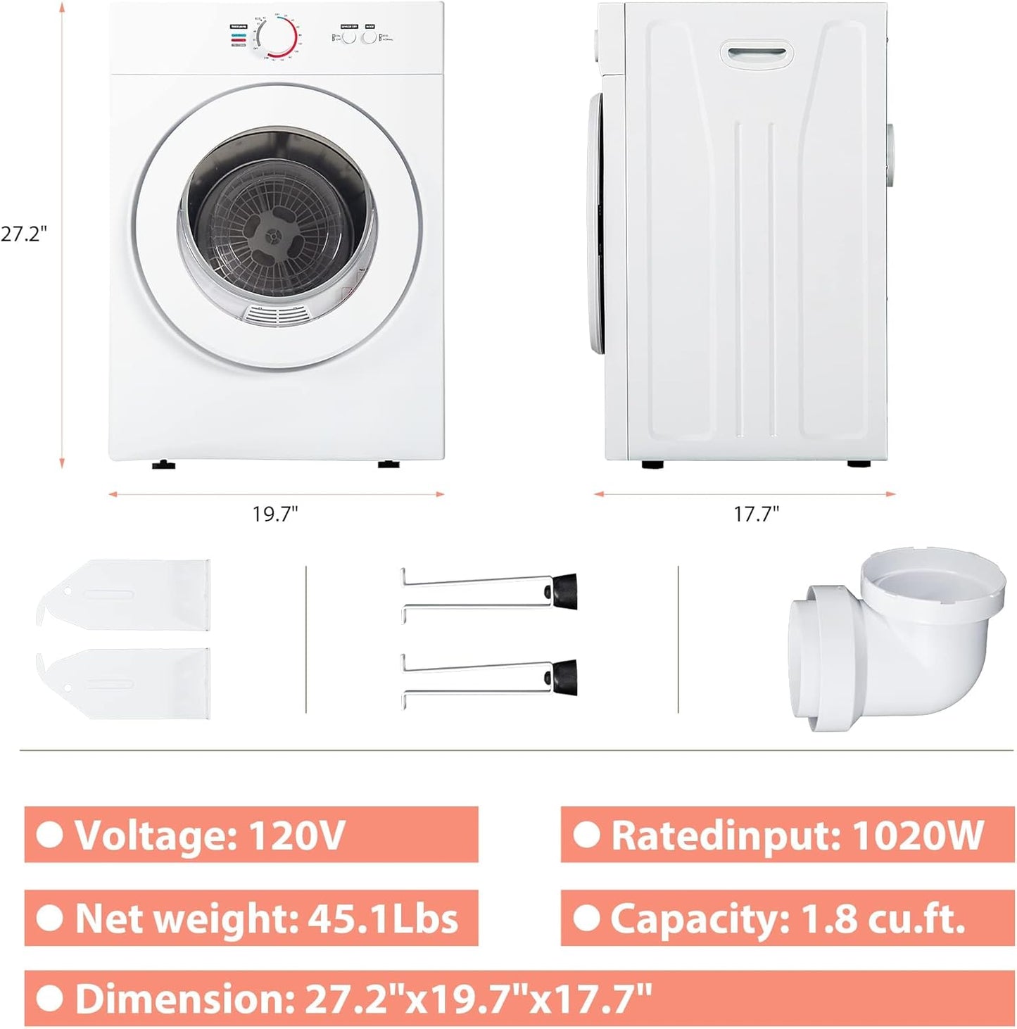 Compact Dryer 1.8 cu. ft. Portable Clothes Dryers with Exhaust Duct
